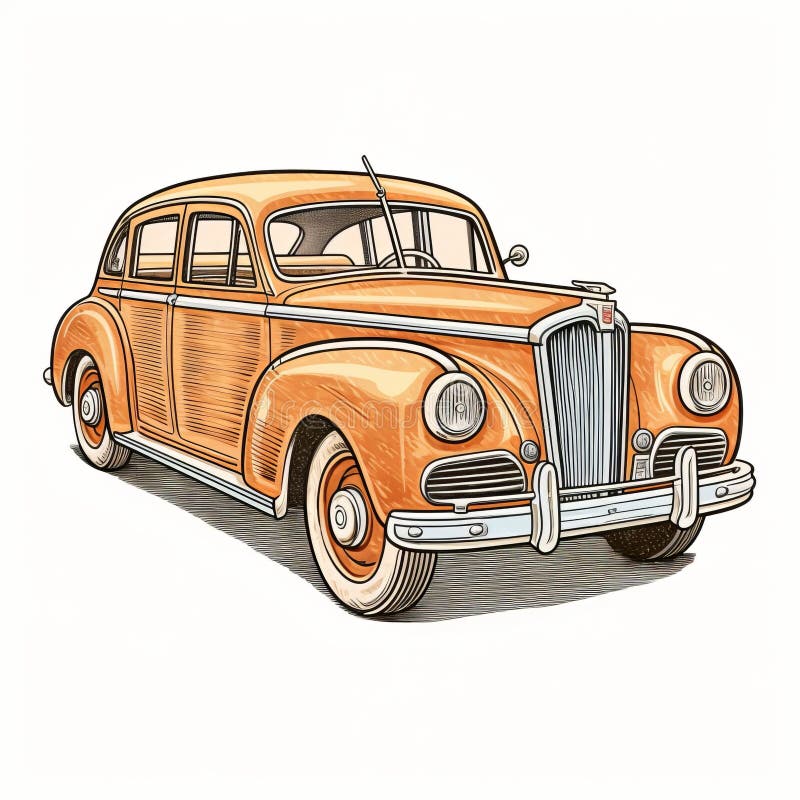 Vintage Orange Drawing Of Old Car Detailed Shading And Character vintage-orange-drawing-of-old-car-detailed-shading-and-character