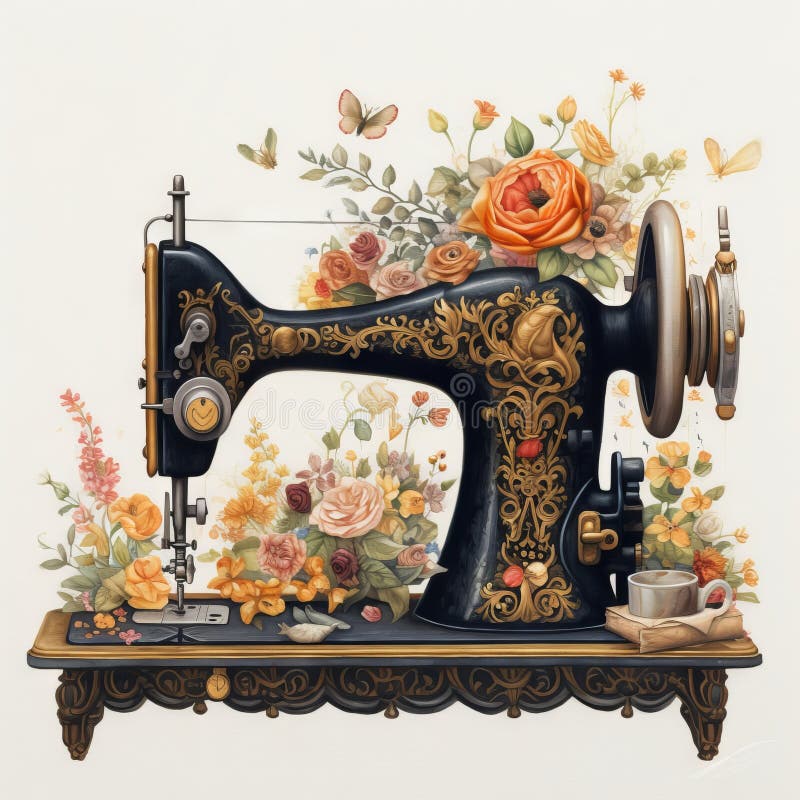 A Vintage Ornate Designer Sewing Machine with Flowers Generative AI