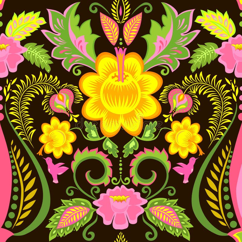 Vintage Ornate Wallpaper with Floral Pattern and Feathers Stock Vector