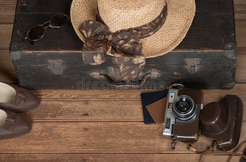 Retro Suitcase Of A Traveler With Hat. Stock Photo - Image of vacations ...