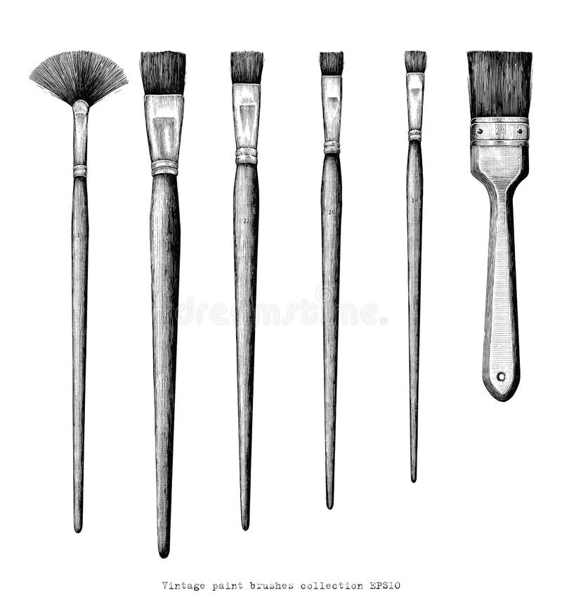 Vintage paint brushes set hand drawing clip art isolated on whit