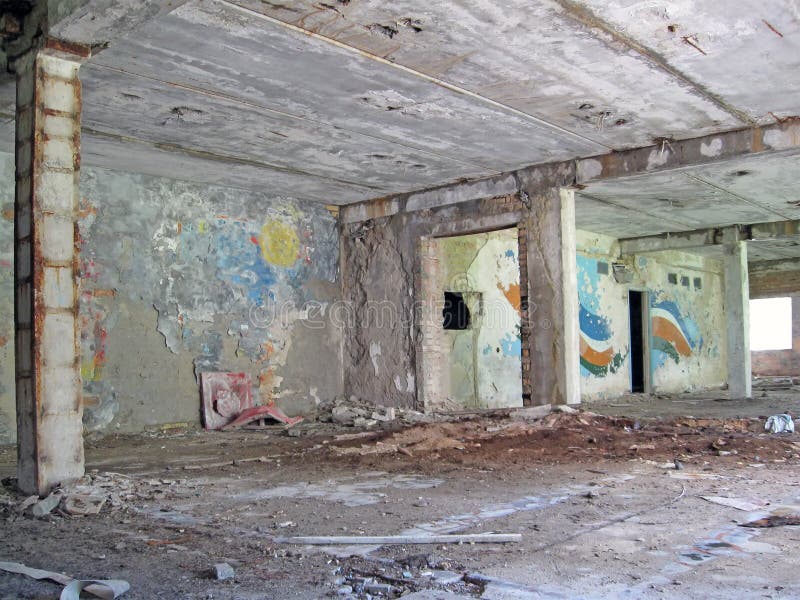 Vintage painted cement wall interior. chernobyl zone area, old grungy abandoned building, stress construction