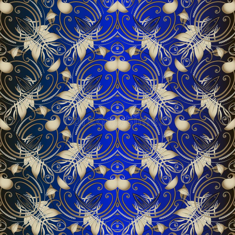 Vintage Paisley floral vector seamless pattern. Elegance dark blue ornamental background. Gold ethnic style paisley flowers, lines royalty free illustration Vintage Paisley floral vector seamless pattern. Elegance dark blue ornamental background. Gold ethnic style paisley flowers, lines royalty free illustration