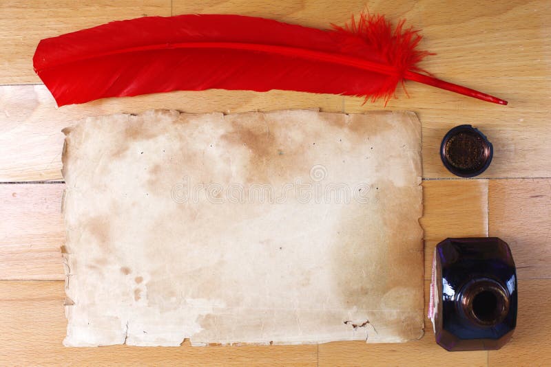 Vintage paper with red feather pen and inkwell royalty free stock images