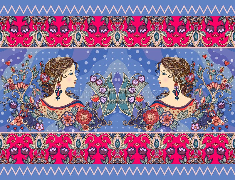 Vintage pattern with beautiful girls and flowers. Print for tea or cookies package.