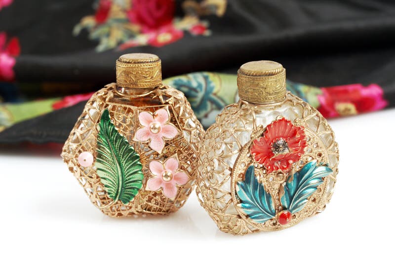 Vintage perfume bottles and scarf