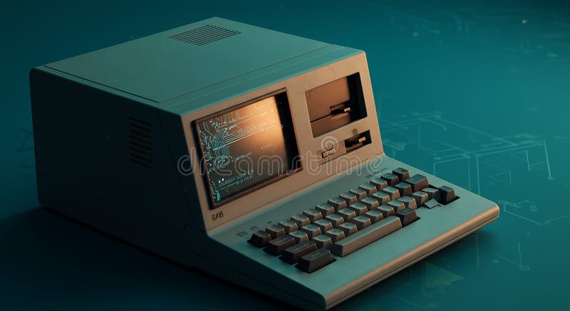 This image portrays a vintage personal computer, reminiscent of early computing technology. the device features a built-in keyboard, a small screen displaying technical data, and a floppy disk drive. the background suggests a blueprint or schematic drawing. this image is. Old computer keyboard cpu monitor illustrations