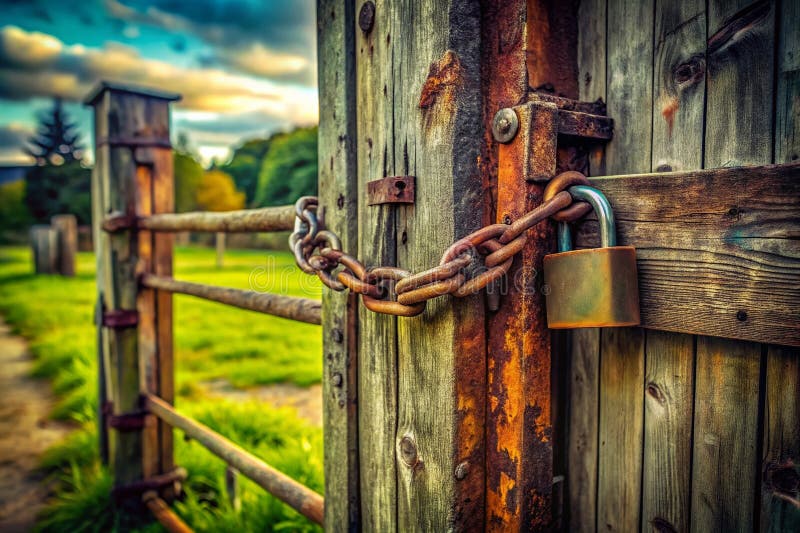 A Vintage Perspective Rustic Farm Gate Securely Fastened with Silver Padlock and Weathered Chain A Timeless Image vector illustration