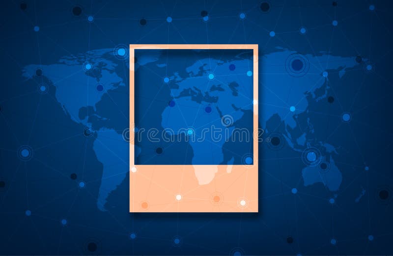 Vintage picture memory card of peach fuzz color on blue world map royalty free stock photography