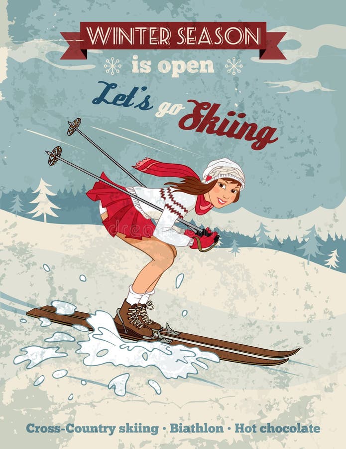 Vintage pin-up girl skiing poster