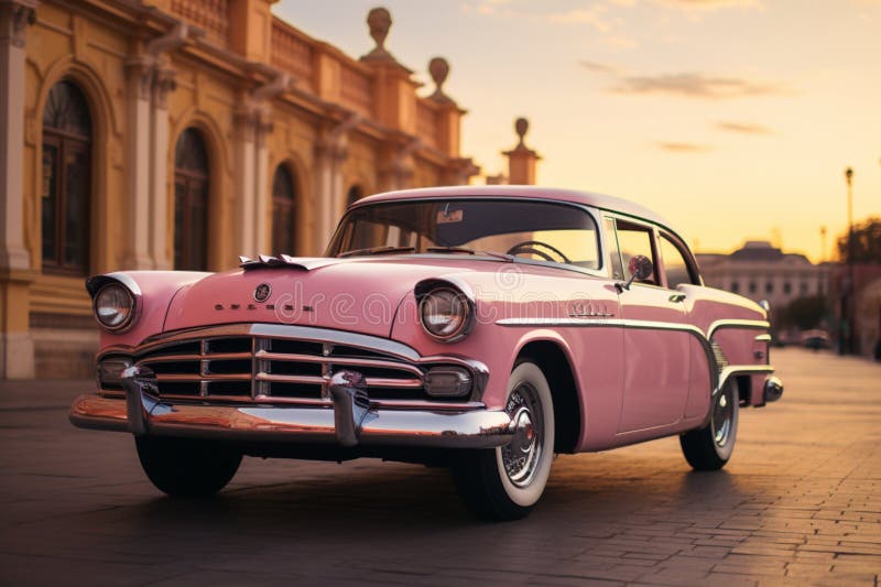 Vintage pink car wallpaper, a timeless charm in a retro urban setting.