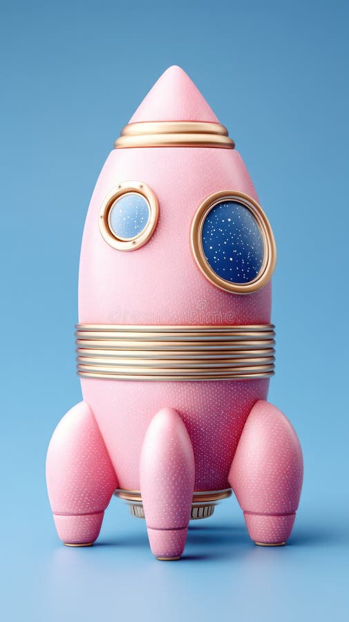 Vintage Pink Rocket Ship med mousserande fönster mot blå bakgrund vektor illustrationer