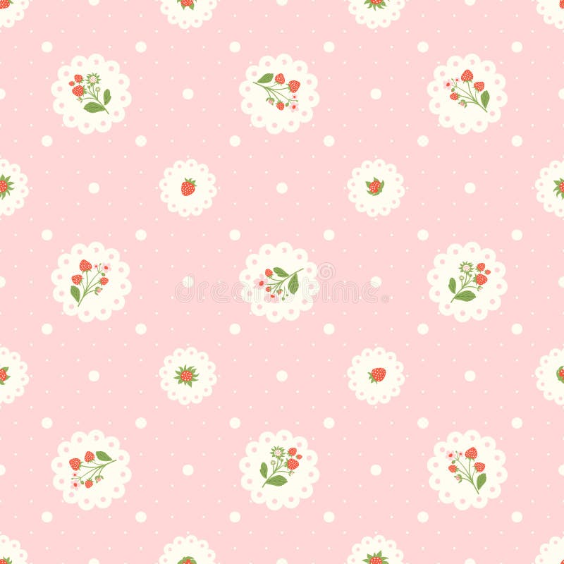 Vintage pink seamless pattern with strawberries and polka dots