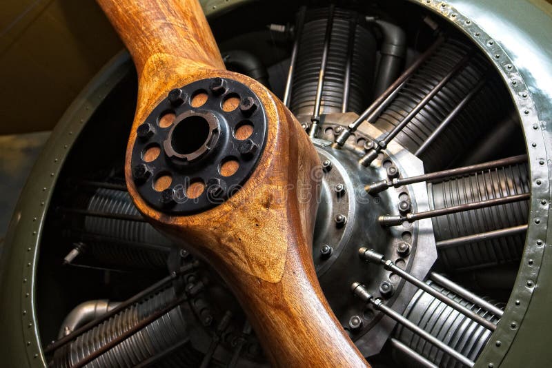 Vintage plane - engine and wooden propeller.