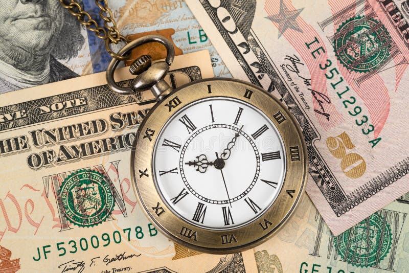 Vintage Pocket Watch Clock On Dollar Banknote Concept For Money Time ...