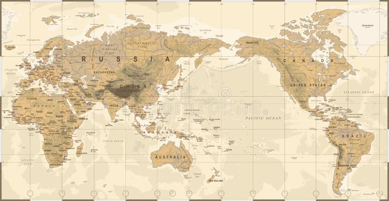 Vintage Political Physical Topographic World Map Pacific Centered stock illustration Vintage Political Physical Topographic World Map Pacific Centered stock illustration