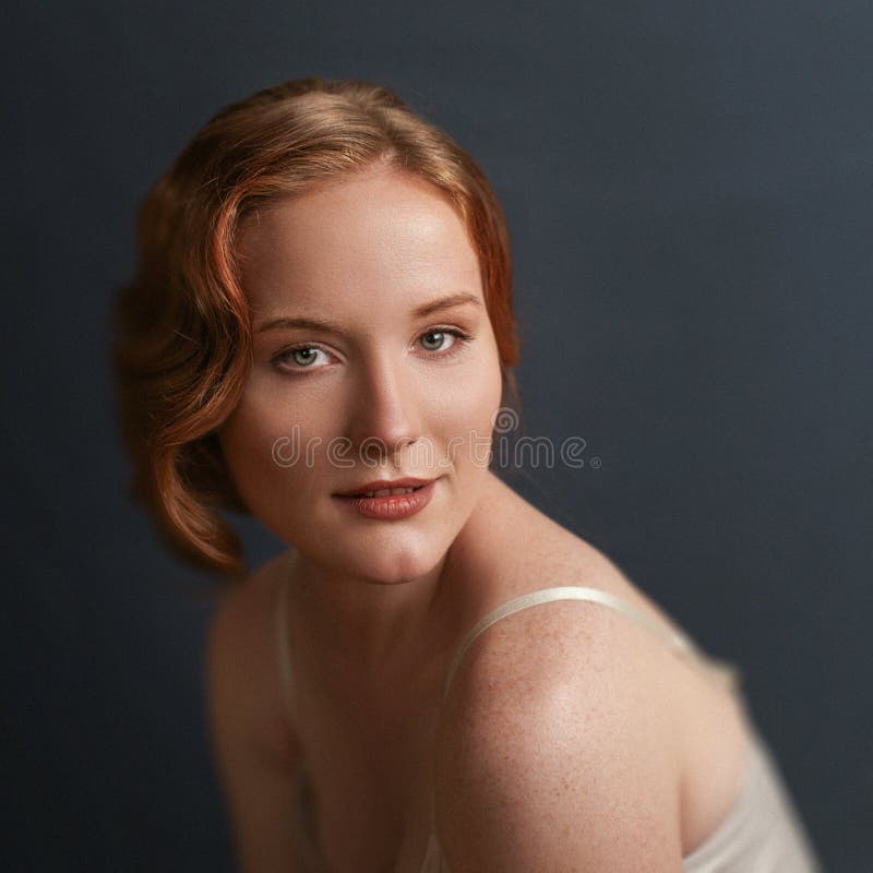 Portrait Of Redhead Woman With Blue Eyes Girl Looks Directly Into The 