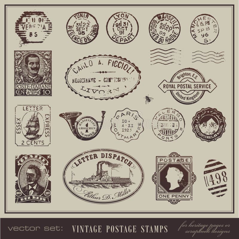 Vintage postage stamps stock illustration