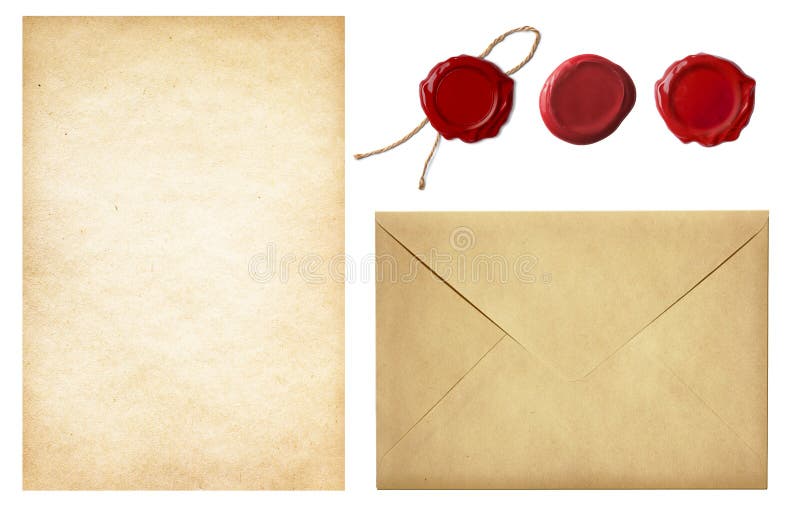Vintage postale, set di vecchia busta di e-mail, vuoto, carta da lettera e rosso, cera, sigillo francobolli isolati su bianco.