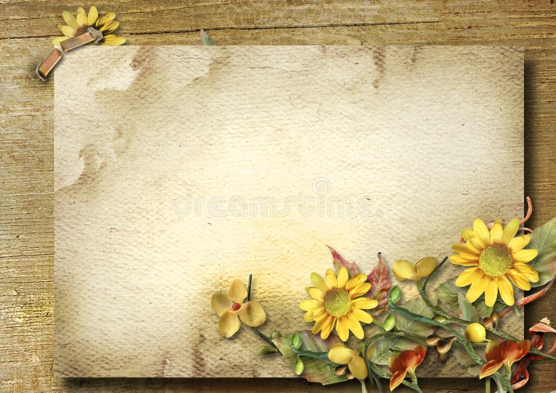 Autumn vintage postcard with autumn bouquet and sunflower on a wooden background, with a place for photos and congratulations