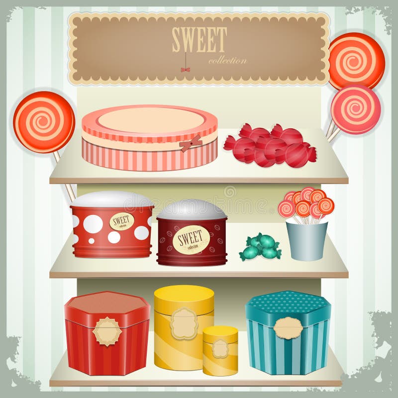 Vintage postcard - shop sweets, confectionery - illustration