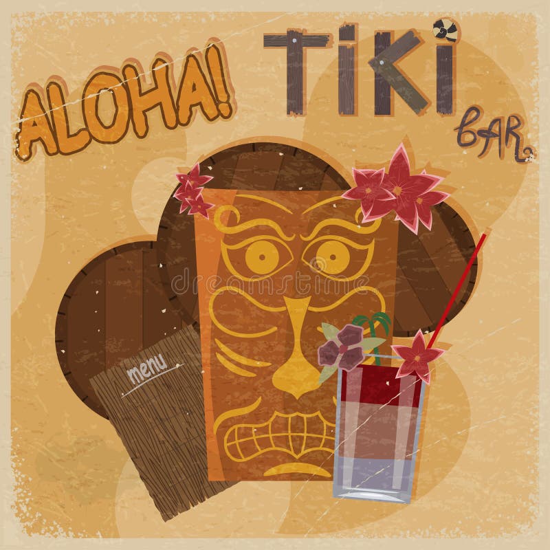 Vintage postcard - for tiki bar sign - featuring Hawaiian masks
