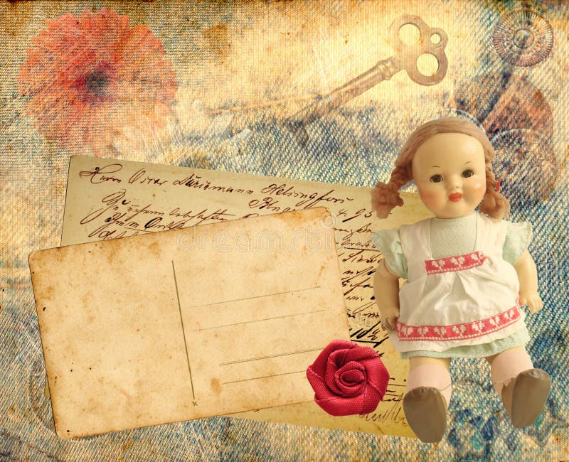 Vintage retro zásobníku pohlednic s starožitné panenky.