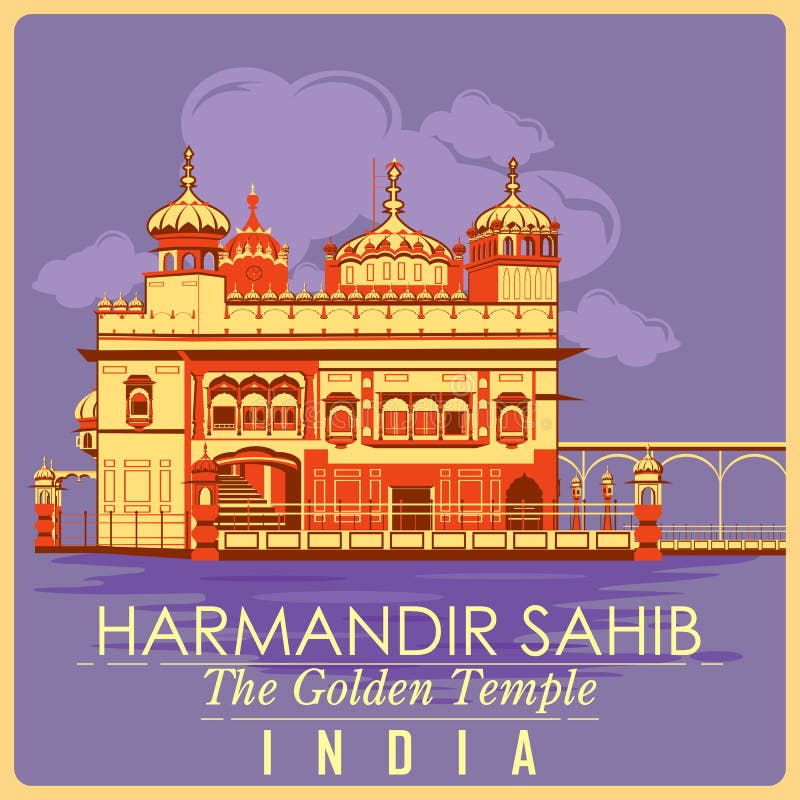 Vintage poster of Golden Temple in Amritsar, famous monument of India . Vector illustration. Vintage poster of Golden Temple in Amritsar, famous monument of India . Vector illustration