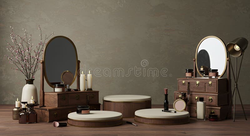 Vintage Product Podium Display with Antique Dressers and Soft Lighting vector illustration