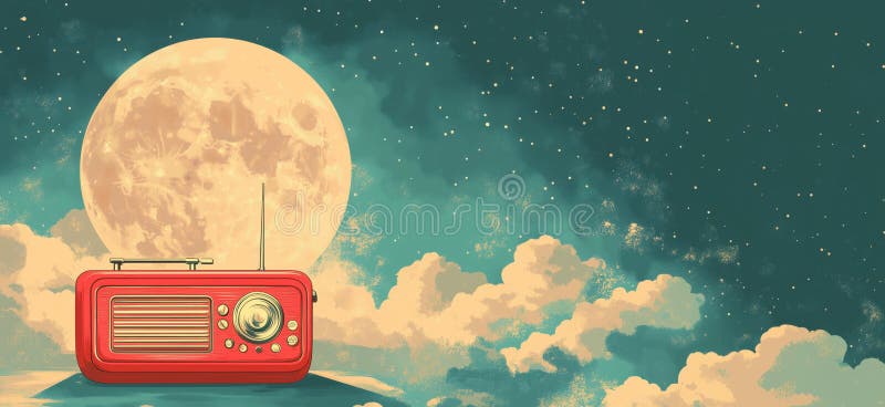 Vintage radio against full moon and starry sky, dreamy atmosphere, nostalgic vibes, copy space for text. AI generated