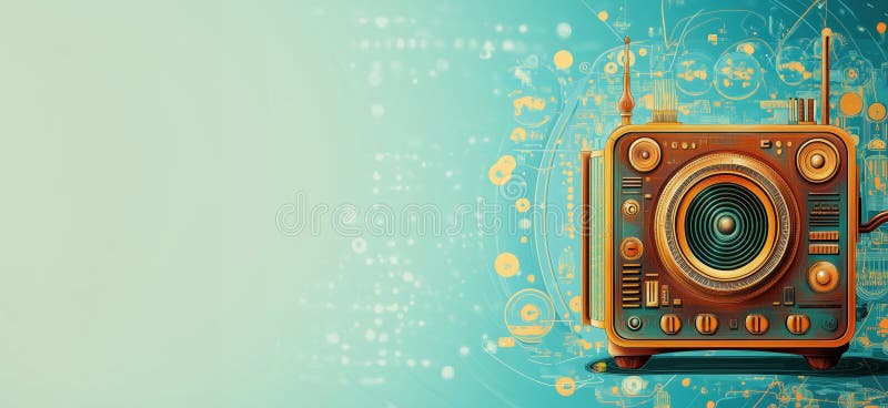 Vintage radio with modern digital elements and abstract background design, copy space for text stock photography
