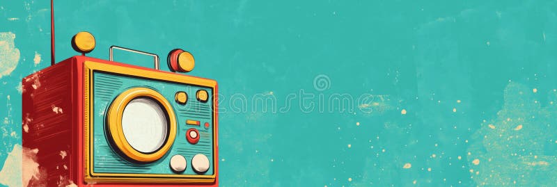 Vintage radio with vibrant colors and retro design against turquoise background, showcasing nostalgic aesthetics and royalty free stock image