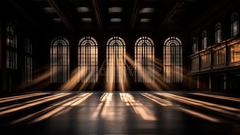 Vintage railway station bathed in warm sunlight with intricate windows. Generative AI