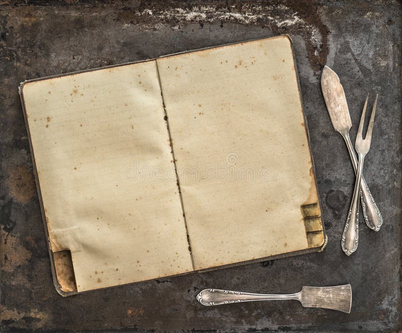 Vintage recipe book. Antique silverware on rustic metal background. Vintage rustic recipe book background stock images, royalty-free photos and pictures