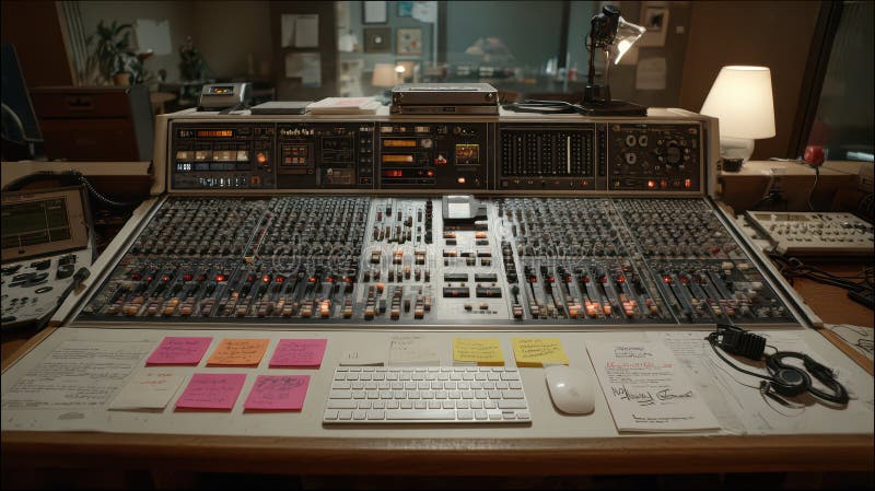 Vintage Recording Studio Console with Mixing Equipment and Notes vector illustration