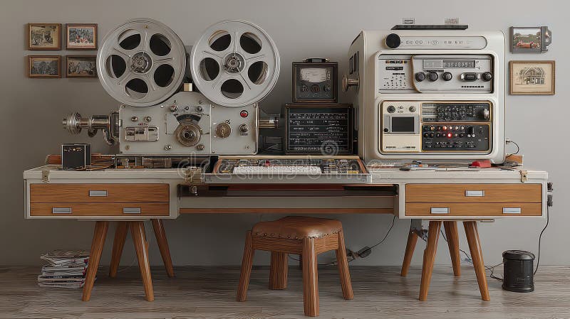 Vintage Recording Studio with Film Projector and Mixing Equipment royalty free illustration