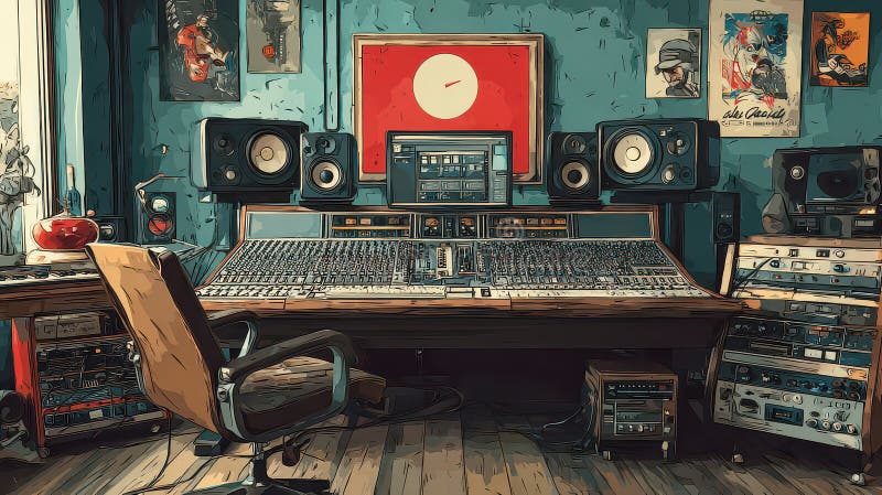 Vintage Recording Studio with Mixing Console and Retro Decor vector illustration