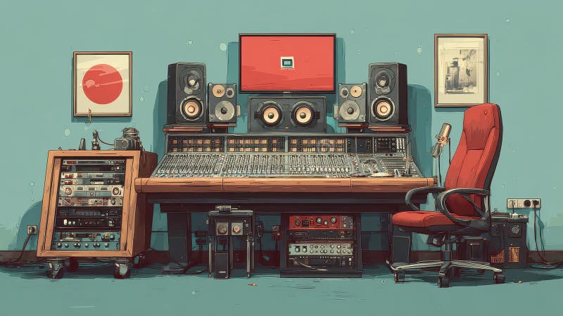Vintage Recording Studio Setup with Retro Aesthetic and Equipment royalty free illustration