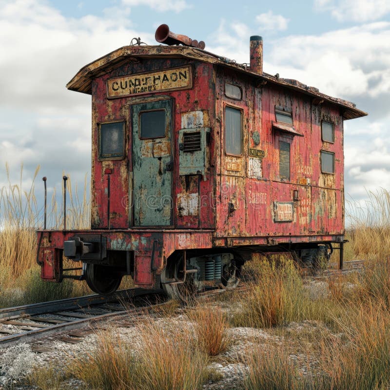 Vintage Red Caboose on Abandoned Railway Track Surrounded by Nature vector illustration