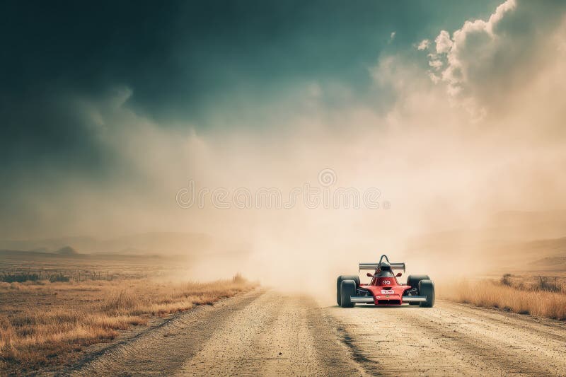 Vintage Red Formula 1 Viteze auto de-a lungul unui drum pufos deșert arată stil de curse retro în mijlocul unui cer atmosferic royalty free stock photography