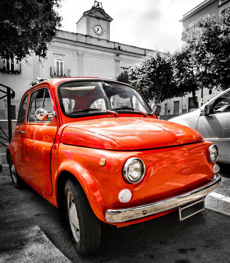 Vintage red italian car old selective color black and white italy 500 cinquecento