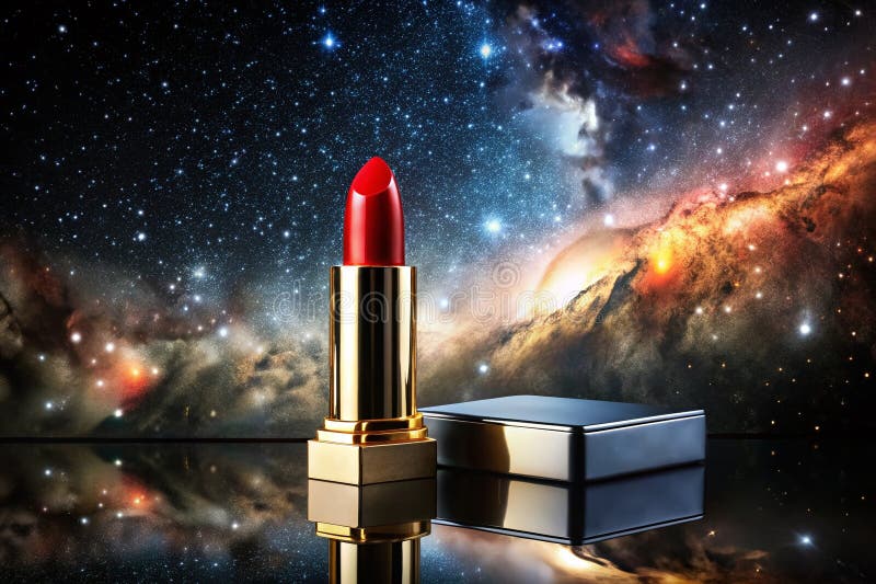 Vintage red lipstick metallisk Fallet kosmisk bakgrundsbild Konstfotografi som framkallar retro glamor och skönhet royaltyfri illustrationer