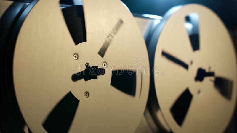 Vintage Reel Tape Spinning, Dark Retro Player Close-up stock footage
