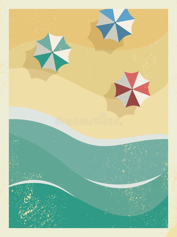 Vintage retro grunge edges summer holiday or party poster or postcard template with sunny sandy beach, sea with waves