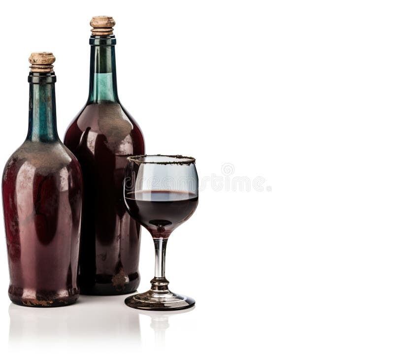 Vintage Retro Old Wine Bottle with Glasses, White Background Isolate