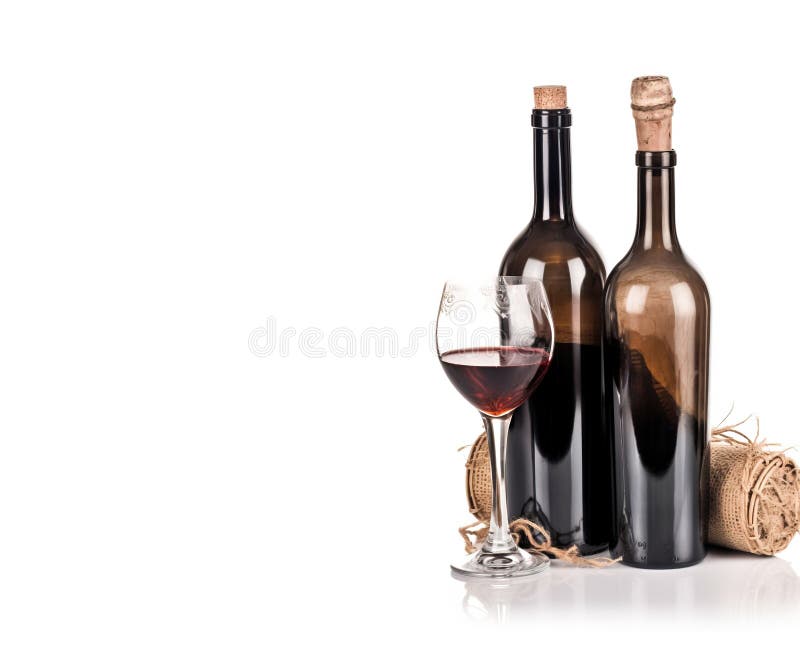 Vintage Retro Old Wine Bottle with Glasses, White Background Isolate