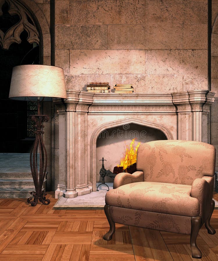 Vintage room with a fireplace stock illustration