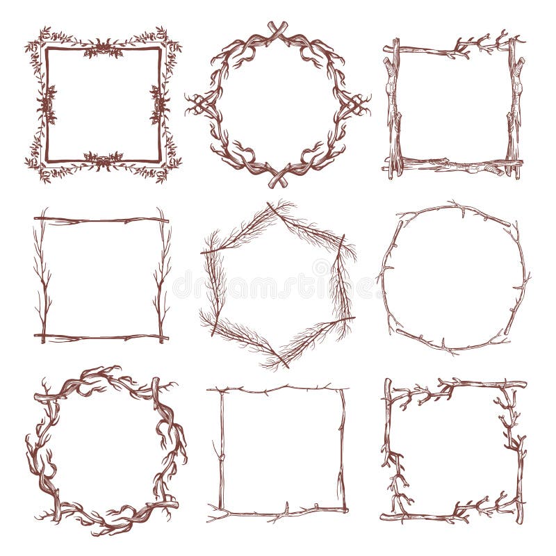 Vintage rustic branch frame borders, hand drawn vector set