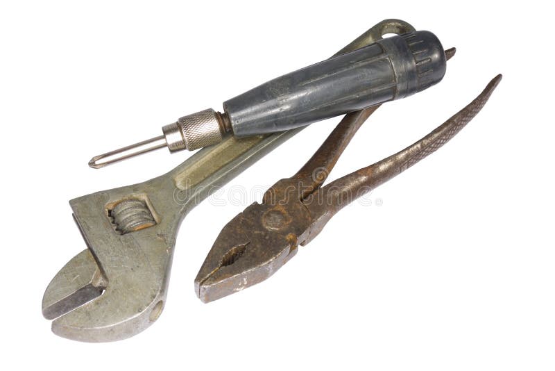 Vintage Rusty Pliers, Screwdriver, Adjustable Pliers Isolated on White