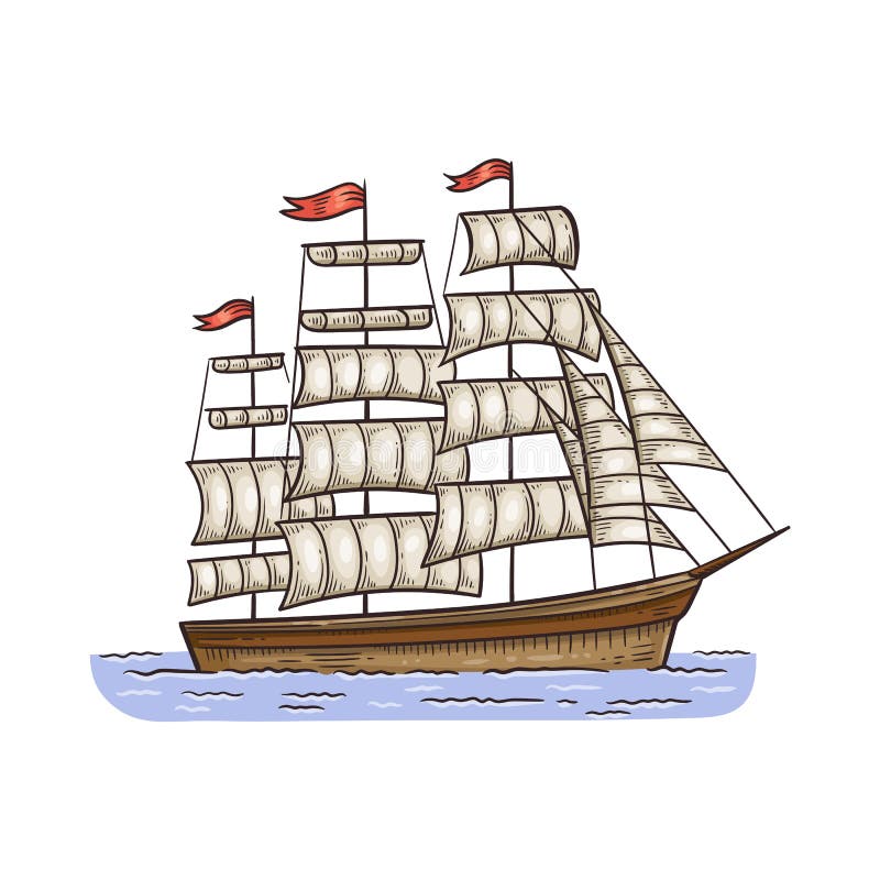 Vintage Sailboat or Ancient Ship Sketch Cartoon Vector Illustration  Isolated. Stock Vector - Illustration of exploration, buccaneer: 171800020